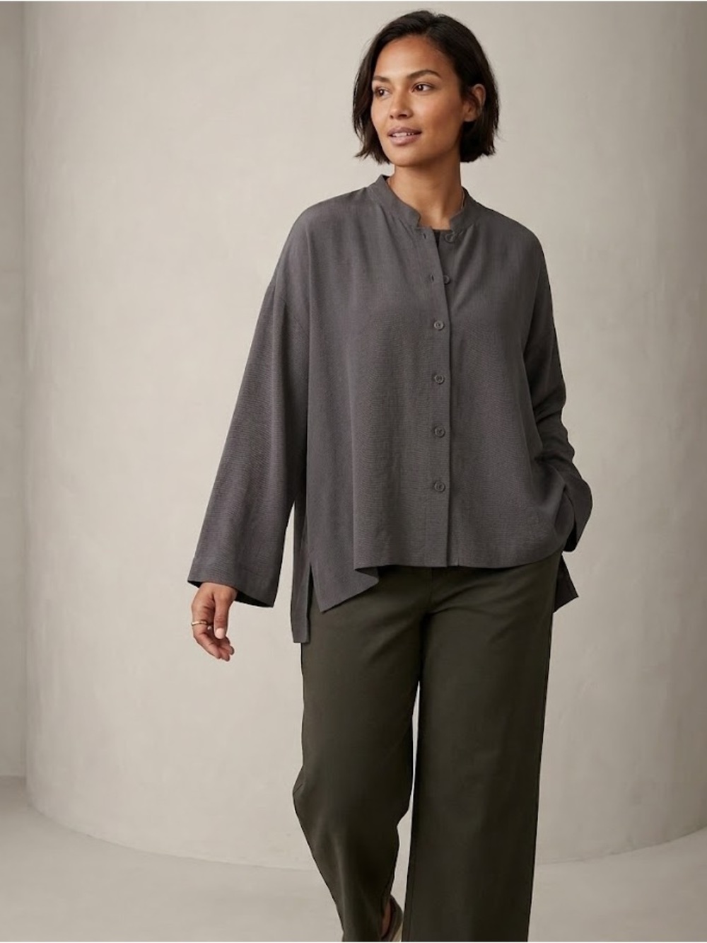 Eileen Fisher Charcoal Grey Tencel Lyocell Blend Button-Down Blouse | Size XL